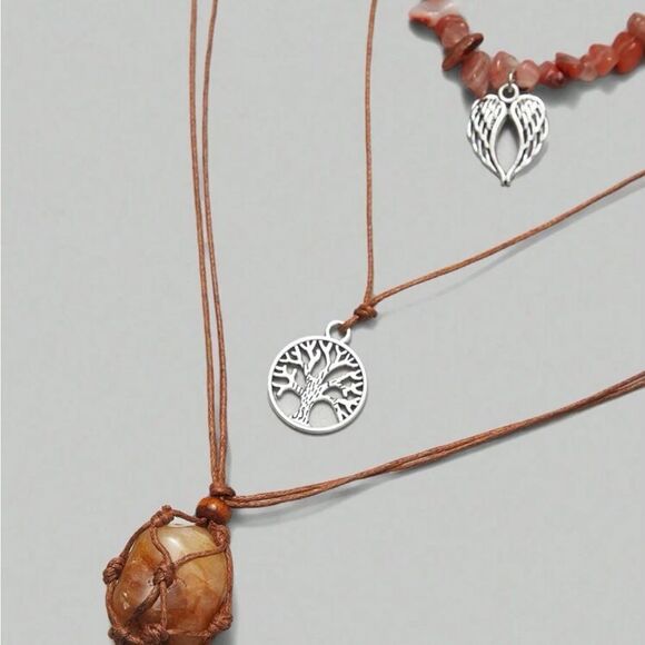 Brown & Silver Wing & Tree Of Life 3pc Stone Necklace Set - Picture 2 of 4